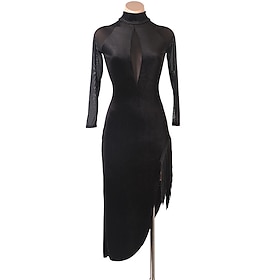 Latin Dance Dress Fringed Tassel Solid Splicing Women's Training Performance Long Sleeve Mesh Velvet