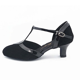 Mujer Salón Zapatos De Baile Moderno Zapatos De Salsa Baile En Línea Tacones Alto Corte Tacón Cubano Hebilla Tira En T Negro Y Oro Negro