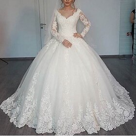 Engagement Formal Wedding Dresses Ball Gown V Neck Long Sleeve Court Train Lace Bridal Gowns With Appliques 2024