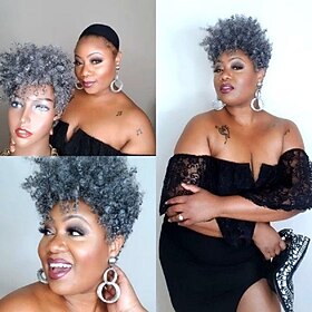 Short Grey Afro Curly Wigs for Black Women Mixed Gray Fluffy Kinky Curly Hair Synthetic Wig