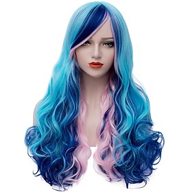 Blue Mermaid Wig Women Long Curly Wavy Wigs Colorful Wigs with Bangs Party Wig