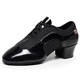 Women's Black Patent Leather Latin Dance Shoes  Breathable Mesh Lace-Up Ballroom Performance Shoes with Suede Sole for Salsa and Tango