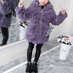 Kids Girls' Faux fur Coat Jacket Thick Purple Blushing Pink Solid Colored Hooded Fluff Warm Coat