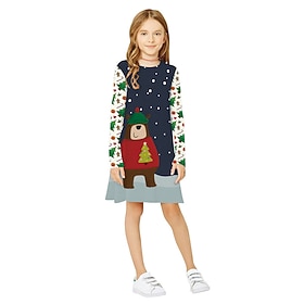 Kids Little Girls' Dress Snowflake Christmas Tree Christmas pattern A Line Dress Christmas Gifts Daily Vacation Print Dusty Blue Above Knee Long Sleeve Cute Sw
