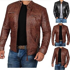 Men's Jacket Faux Leather Jacket Biker Jacket Motorcycle Jacket Outdoor Daily Thermal Warm Windproof Full Zip Fall Solid Color Streetwear Casual Stand Collar R
