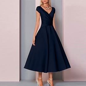 A-Line Mother Of The Bride Dress Wedding Guest Elegant V Neck Tea Length Charmeuse Sleeveless With Ruching 2024