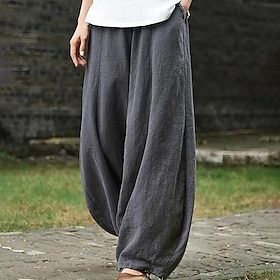 Women's Plus Size Linen-feel Pants Wide Leg Chinos Summer Pants Vacation Casual Lounge Full Length Natural Solid Color Pocket Baggy Micro-elastic Daily Vacatio