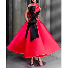 Ball Gown Prom Dresses Elegant Dress Wedding Guest Prom Ankle Length Sleeveless High Neck Satin with Bow(s) Dresses