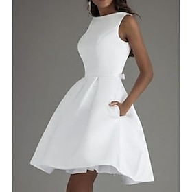 A-Line Cocktail Dresses Minimalist Dress Valentine's Day Wedding Guest Knee Length Sleeveless Boat Neck Satin V Back With Sleek Bow(s) Pure