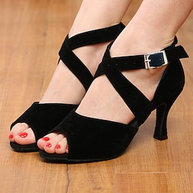 Women's Black Suede Latin Dance Shoes  Open Toe Heels with Soft Suede Sole and Cross Ankle Straps for Ballroom, Salsa, and Performance Practice