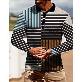 Men's Polo Shirt Waffle Polo Shirt Golf Shirt Striped Collar Black Outdoor Street Long Sleeve Print Button-Down Clothing Apparel Fashion St