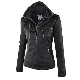 Women's Faux Leather Jacket Casual Daily Zipper Hoodie Basic Casual Solid Color Regular Fit Outerwear Long Sleeve Spring Fall Black White K