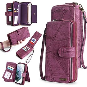 Phone Case For Samsung Galaxy S23 S22 S21 FE S21 Ultra Plus A14 A54 A73 A53 A33 A72 Wallet Case Zipper Full Body Protective with Phone Strap Solid Colored PC P