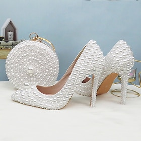 White Pearl-Embellished Stiletto Heels and Round Pearl Purse Set  Elegant Bridal Shoes with Matching Handbag for Weddings and Special Occasions