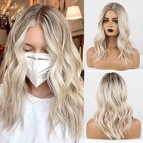 Long Blonde Wigs for Women, Ombre Color with Dark Roots Synthetic Wavy Wig Middle Parting ChristmasPartyWigs barbiecore Wigs