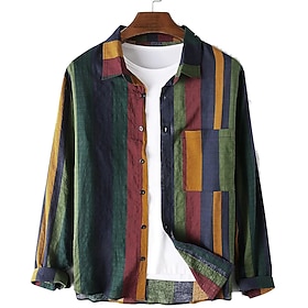 Men's Shirt Other Prints Color Block Collar Button Down Collar Daily Holiday Patchwork Long Sleeve Tops Basic Casual Daily Beach Green / Machine wash / Hand wa