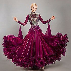Ballroom Dance Dress Embroidery Appliques Crystals / Rhinestones Women's Performance Training Long Sleeve Tulle Ice Silk