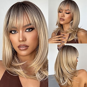 Synthetikperücke Kinky Glatt Mit Pony Perücke Lang Hellblond Synthetikhaare 20 Zoll Damen Modisches Design Komfortabel Schwarz Ombre Blond