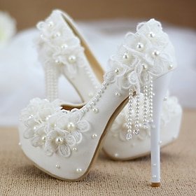 Women's White Wedding Platform Heels with Lace Floral Appliqué and Pearl Bead Details  Elegant Bridal Shoes for Special Occasions