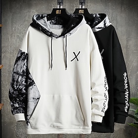 Men's Hoodie Black White Hooded Graphic Color Block Letter Print Patchwork Front Pocket Casual Cool Casual Big And Tall Winter Spring   Fal