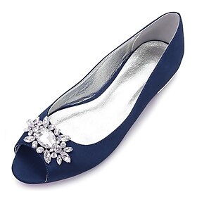 Women's Navy Blue Peep-Toe Flats with Rhinestone Embellishments  Elegant Satin Shoes for Weddings, Parties, and Formal Events