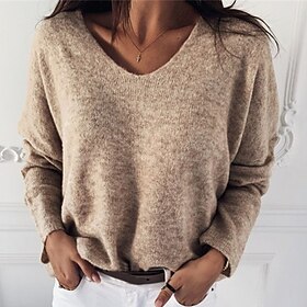 Women's Pullover Sweater Jumper V Neck Knit Acrylic Knitted Drop Shoulder Fall Winter Daily Going out Weekend Basic Casual Soft Long Sleeve Solid Color Yellow