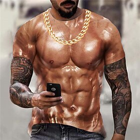Men's T shirt Tee 3D Muscle T Shirt Crew Neck Green Blue Yellow Silver Gold 3D Print Daily Sports Short Sleeve Print Clothing Apparel Sports Designer Casual Cl