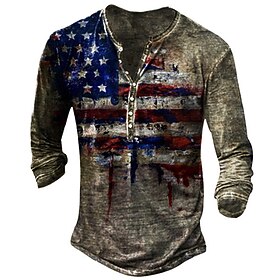 4th of July 2026 250th Memorial Day Men's Vintage Retro Graphic American Flag Henley Long Sleeve T-Shirt Casual Daily Street
