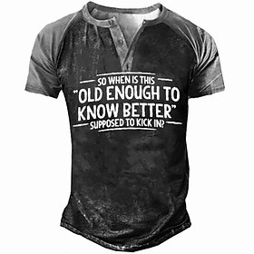 Men's T shirt Tee Henley Shirt Tee Graphic Letter Henley Black 3D Print Casual Daily Short Sleeve Button-Down Print Clothing Apparel Vintage Sports Fashion Big
