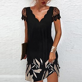 Women's Casual Dress Shift Dress Midi Dress Black Rainbow Short Sleeve Floral Print Summer Spring Scalloped Neck Fashion Vacation 2023 S M L XL XXL 3XL 4XL 5XL