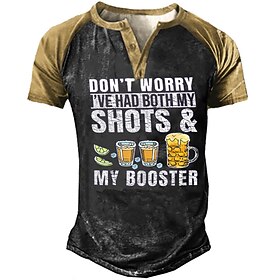 Men's T shirt Tee Henley Shirt Tee Graphic Letter Drink Henley Yellow Brown Gray 3D Print Casual Daily Short Sleeve Button-Down Print Clothing Apparel Vintage