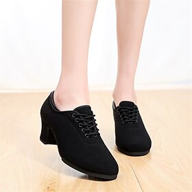 Women's Latin Shoes Practice Trainning Dance Shoes Indoor Simple Style Softer Insole Thick Heel Closed Toe Lace-up Adults' Black