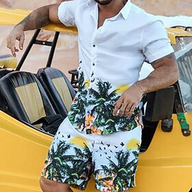 Men's Summer Hawaiian Shirt Shirt Suits Graphic Shirt Aloha Shirt Set White Pink Blue Green Short Sleeve Floral Bird Coconut Tree Button Down Collar Casual Dai