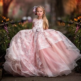 Kids Girls' Flower Girl Dress Dress Floral Flower Sleeveless Performance Wedding Party Ruched Mesh Print Princess Sweet Cotton Tulle Asymmetrical Swing Dress A