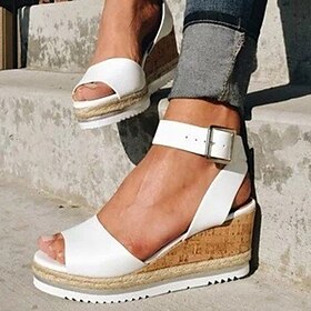 Women's White Cork Wedge Sandals with Ankle Strap  Casual Summer Platform Shoes for Everyday Wea
