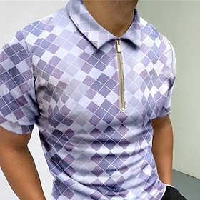 Men's Polo Shirt Golf Shirt Casual Daily Turndown Quarter Zip Short Sleeve Sports Fashion Argyle Zipper Quarter Zip Spring Summer Regular Fit Sky Blue Light P