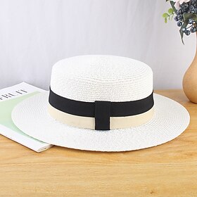 Kentucky Derby Hat Hats Straw Bucket Hat Straw Hat Sun Hat Casual Holiday Beach Melbourne Cup Cocktail Elegant Vintage Style With Split Joint Trim Headpiece He