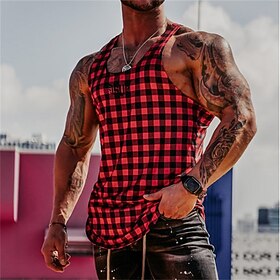 Men's Tank Top Vest Top Undershirt Sleeveless Shirt Graphic Plaid Crew Neck Hot Stamping Street Casual Sleeveless Print Clothing Apparel Sports Fashion Comfort
