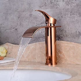 Bathroom Sink Faucet,Modern Style Single Handle Rose Golden One Hole Waterfall,Oil-rubbed Cooper with Drain and Brass Faucet Body with Hot and Cold Water and P
