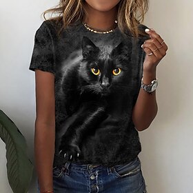 Dames Kat 3D Casual Weekend 3D Cat Verf Korte mouw T-shirt Ronde hals Afdrukken Basic Tops Zwart S / 3D-afdrukken kopen?