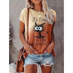 Women's T Shirt Tee Purple Brown Gray Cat Letter Patchwork Print Short Sleeve Casual Daily Basic Round Neck Regular I'm Fine Everything Is