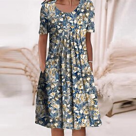 Women's Casual Dress Shift Dress Midi Dress Blue Short Sleeve Floral Ruched Summer Spring Crew Neck Casual Loose Fit 2023 S M L XL XXL 3XL