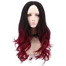 Long Wavy Two Tone Ombre Black Dark Red Wig Halloween Cosplay Costume Wigs