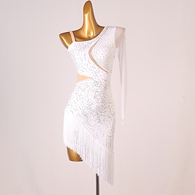 Dance Salsa Latin Dance Dress Fringed Tassel Split Joint Crystals / Rhinestones Women's Performance Training Long Sleeve Chinlon Mesh