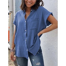 Women's Shirt Blouse Linen Plain Black White Army Green Button Pocket Short Sleeve Daily Weekend Streetwear Casual Shirt Collar Regular Fit