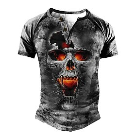 Men's T shirt Tee Henley Shirt Tee Graphic Color Block Skull Henley Dark Gray 3D Print Plus Size Outdoor Daily Short Sleeve Patchwork Button-Down Clothing Appa