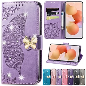 Phone Case For Samsung Galaxy S24 S23 S22 S21 FE S21 Ultra Plus A34 A54 A72 A32 A52 Wallet Case Rhinestone With Card Holder Magnetic Flip Butterfly PU Leather
