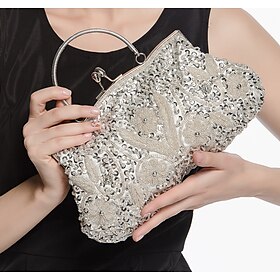 Women's White Beaded Evening Clutch Purse  Vintage Sequin Embroidered Handbag for Weddings, Formal Events, and Cocktail Parties