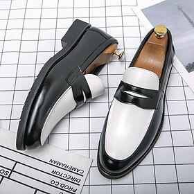 Men's Two-Tone Faux Leather Slip-On Loafers  Black and White Penny Dress Shoes for Prom, Business Party, Gatsby Nightlife, Vintage 1950s Swing Look
