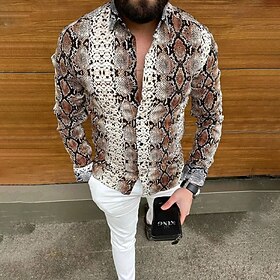 Men's Snakeskin Shirt Button Up Shirt Long Sleeve Fashion Designer Casual Casua…